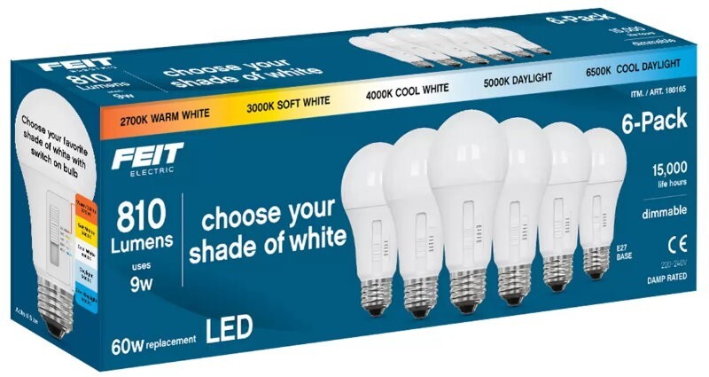 Feit Electric 6 Pack 5-Colour Dimmable LED Light Bulbs 9W 810 Lumens E27 or B22