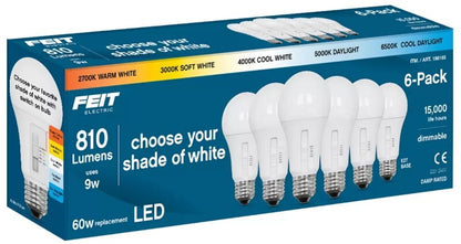 Feit Electric 6 Pack 5-Colour Dimmable LED Light Bulbs 9W 810 Lumens E27 or B22