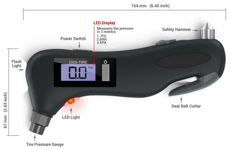 CrewLine 5-in-1 Digital Auto Safety Multi Purpose Tool Tyre Pressure Gauge