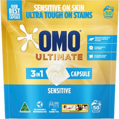 OMO Ultimate 3 in 1 Laundry Liquid Capsules Detergent Sensitive 50 or 100 Washes