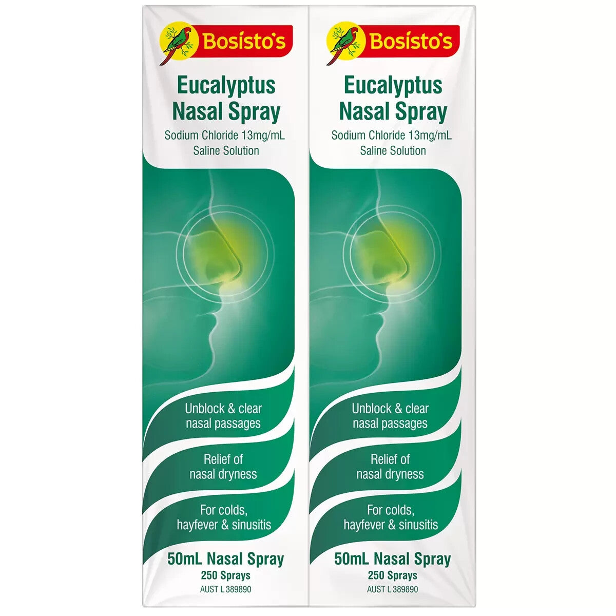 2x 50mL Bosistos Eucalyptus Saline Nasal Spray For Colds Hayfever Sinusitis Nose
