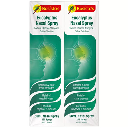 2x 50mL Bosistos Eucalyptus Saline Nasal Spray For Colds Hayfever Sinusitis Nose