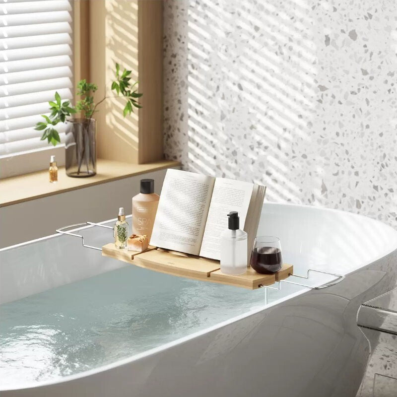 Umbra Aquala Bamboo Extendable Bath Tub Caddy Wine Glass Ipad Book Holder