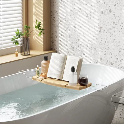 Umbra Aquala Bamboo Extendable Bath Tub Caddy Wine Glass Ipad Book Holder