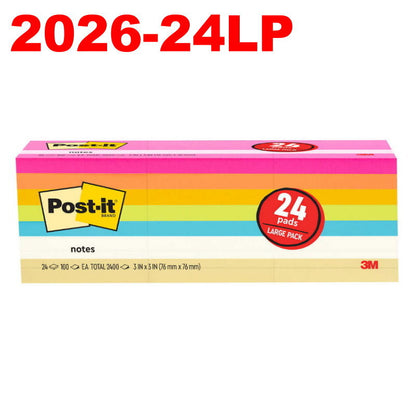 Post-It 3M Self-Stick Notes 3" x 3" Large 24 Pads (2400 Count) Assorted Colours