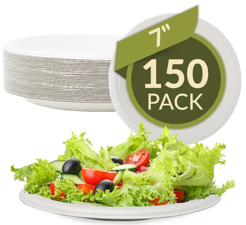 iECO 150-Pack 7" (18cm) Round White Bagasse Disposable Paper Plates Compostable