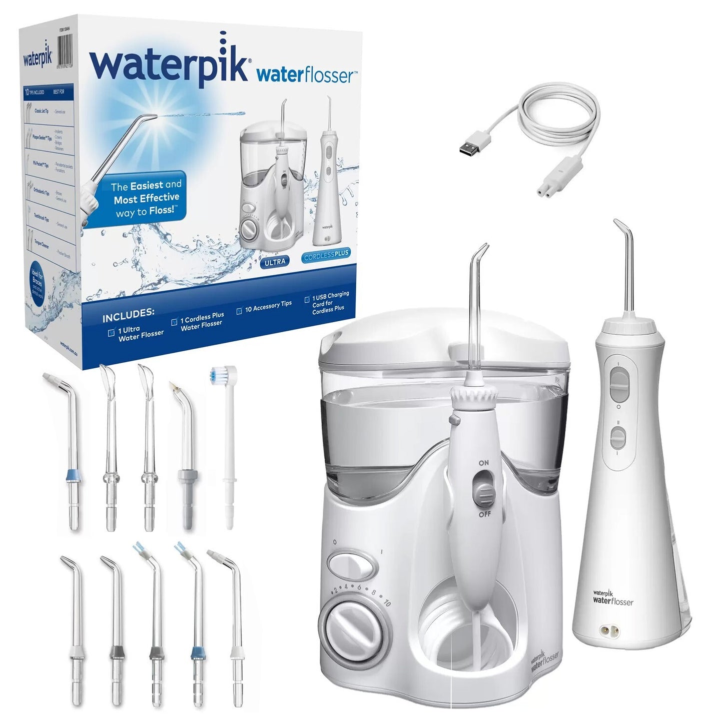 Waterpik Ultra & Cordless Plus Water Dental Flosser 10xAccessory Tips USB Charge