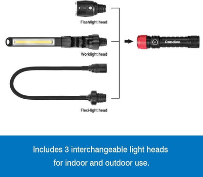 Camelion 3-in-1 LED Waterproof Rechargeable Flashlight Kit Work Light Flexible