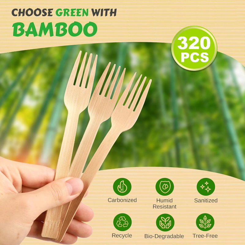 iECO 320pcs Disposable 100% Bamboo Utensils Set - Fork or Spoon Cutlery Set