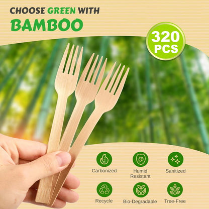 iECO 320pcs Disposable 100% Bamboo Utensils Set - Fork or Spoon Cutlery Set