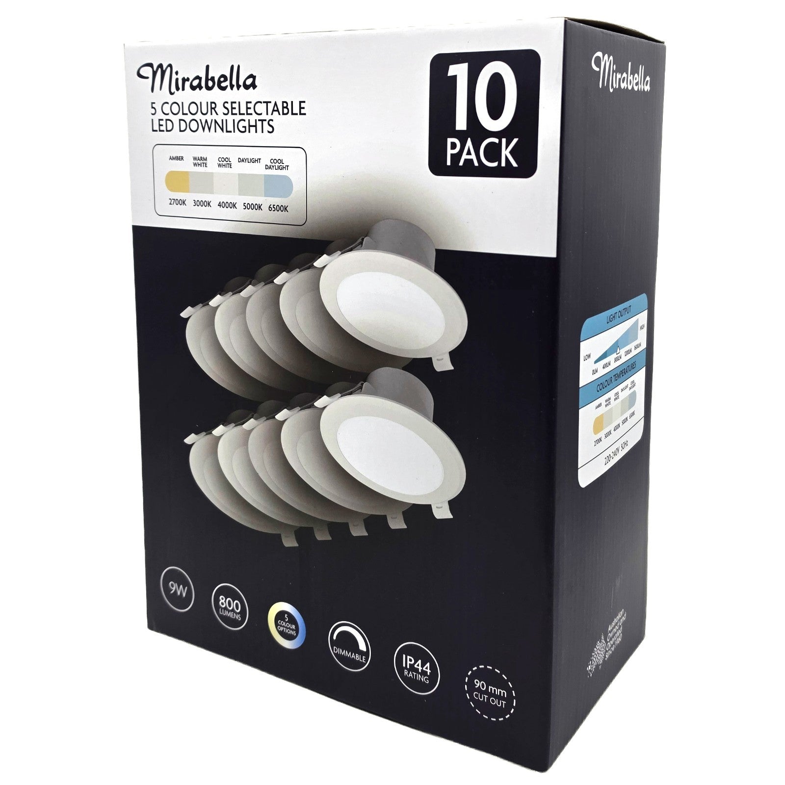 Mirabella 9w LED Dimmable Downlights IP44 800lm White 5 Colour Select 10 packs