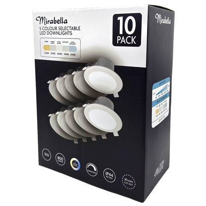 Mirabella 9w LED Dimmable Downlights IP44 800lm White 5 Colour Select 10 packs