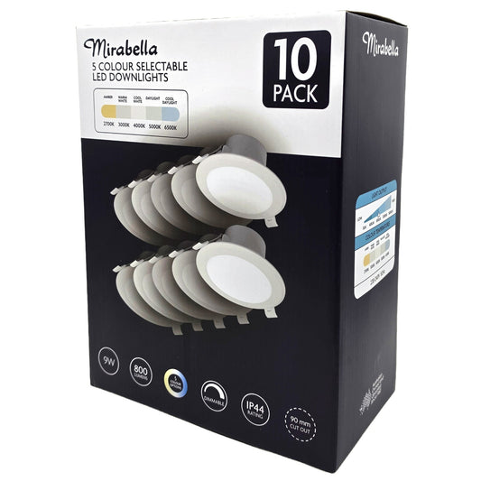 Mirabella 9w LED Dimmable Downlights IP44 800lm White 5 Colour Select 10 packs