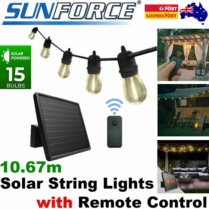 Sunforce Solar Powered Outdoor Waterproof 15 LED Bulbs String Lights w/ Remote