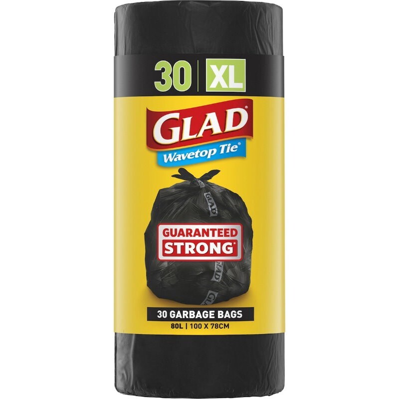 Glad XL 80L Extra Large Wavetop Tie Garbage Bags with Leak Proof Base 78 x 100cm