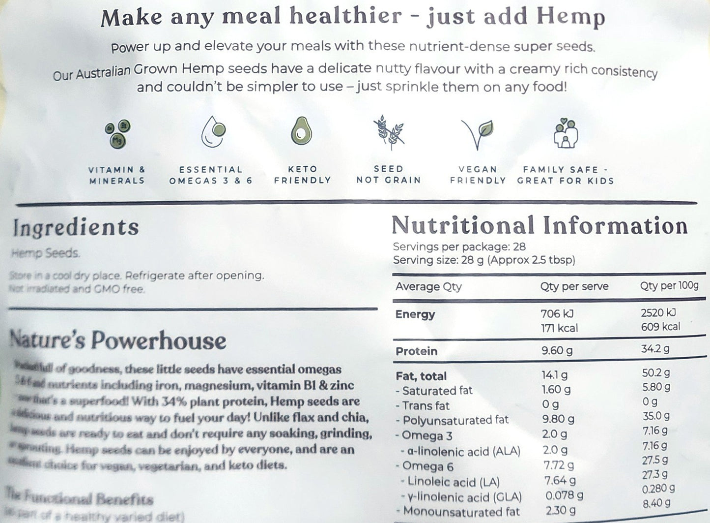 Essential Hemp Australian Hulled Hemp Seed 800g Gluten Dairy Free Vegan Friendly