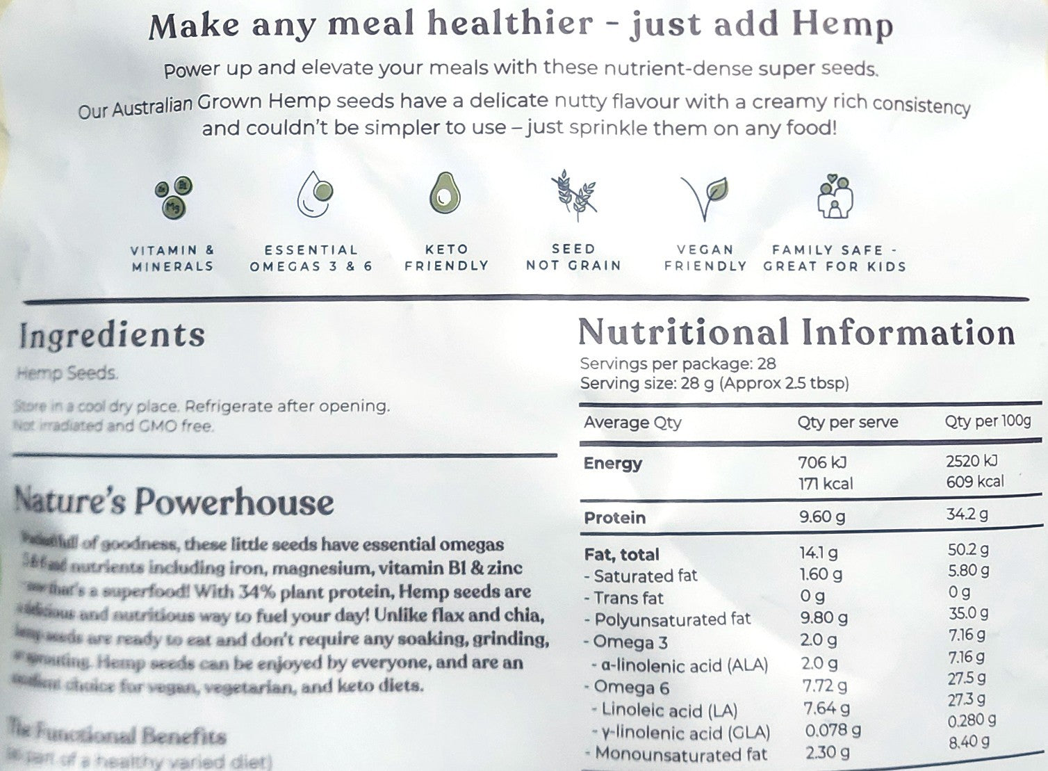 Essential Hemp Australian Hulled Hemp Seed 800g Gluten Dairy Free Vegan Friendly