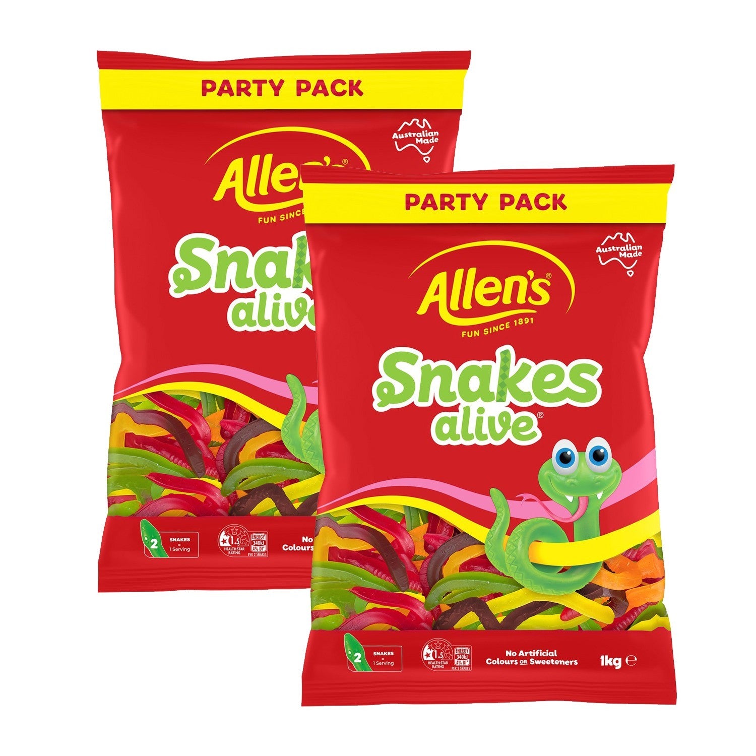 2 x 1kg Allen's Snakes Alive Kids Soft & Chewy Gummy Lolly Sweets Fruit Flavour