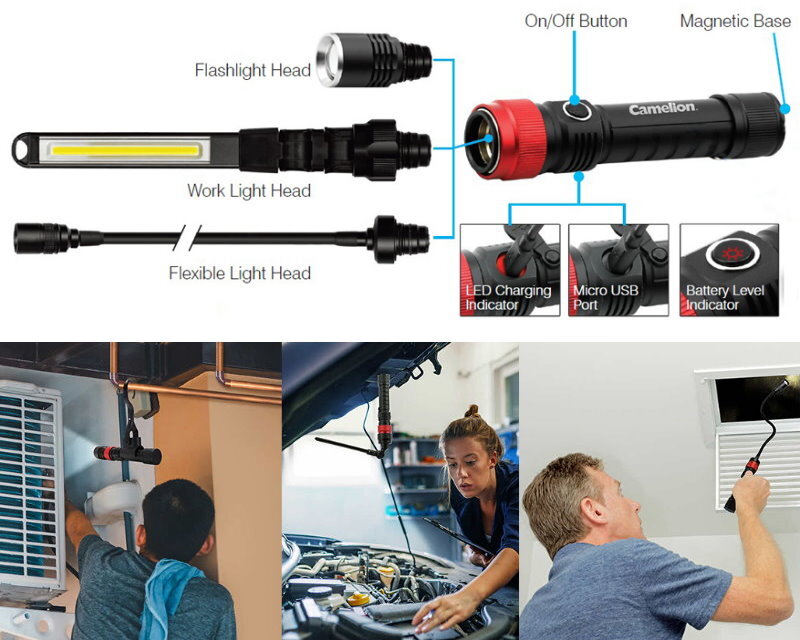 Camelion 3-in-1 LED Waterproof Rechargeable Flashlight Kit Work Light Flexible