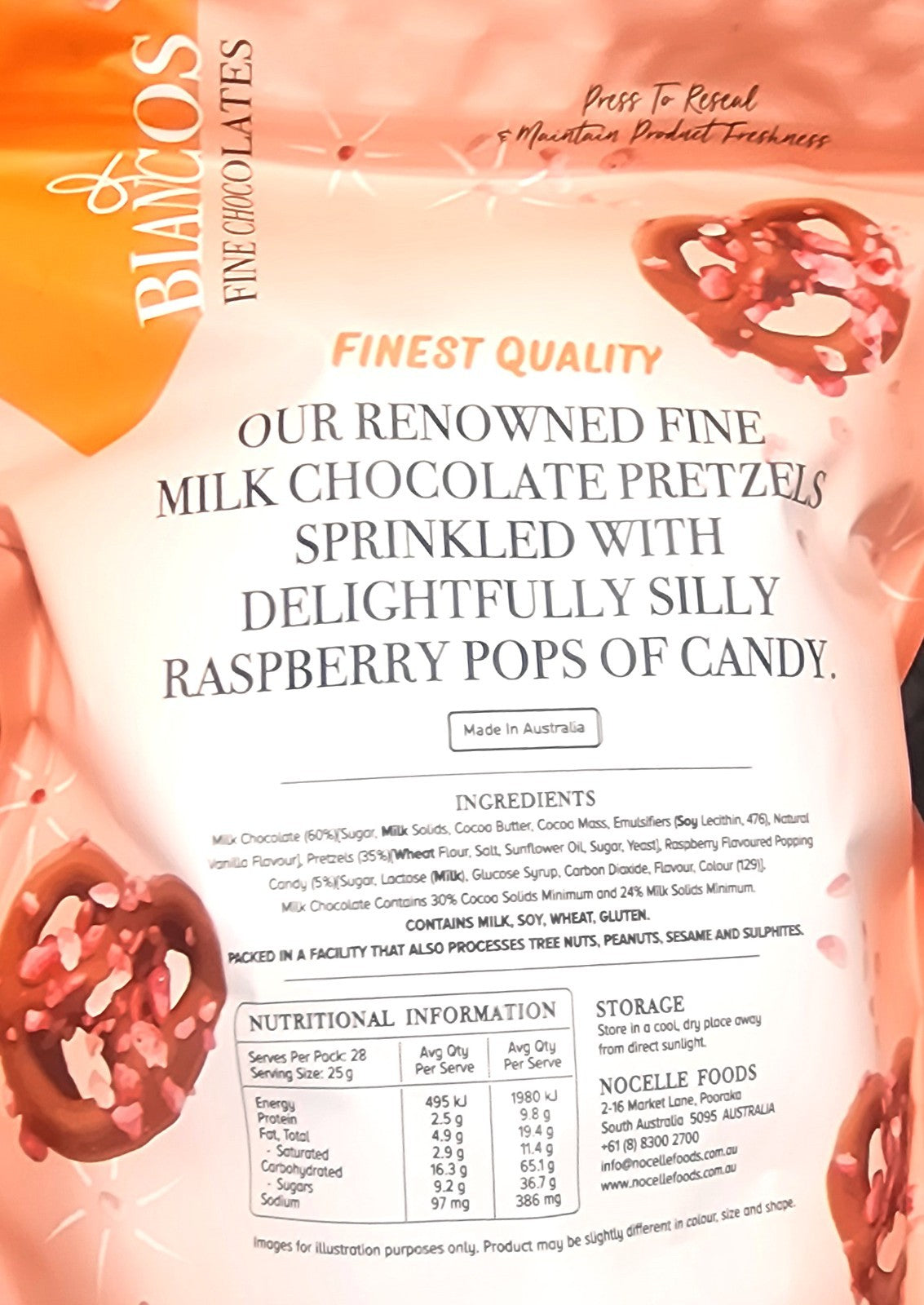 Biancos Popping Candy Milk Chocolate Pretzels Australian Made Limited 700g