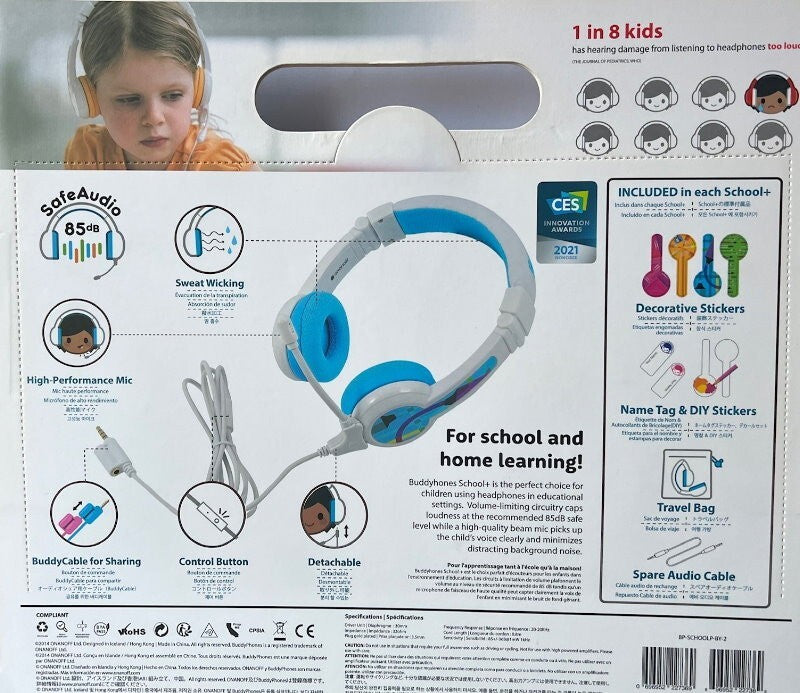 BuddyPhones 2-Pack School+ Home Learning Kids Headphones w/ Mic, BuddyCable