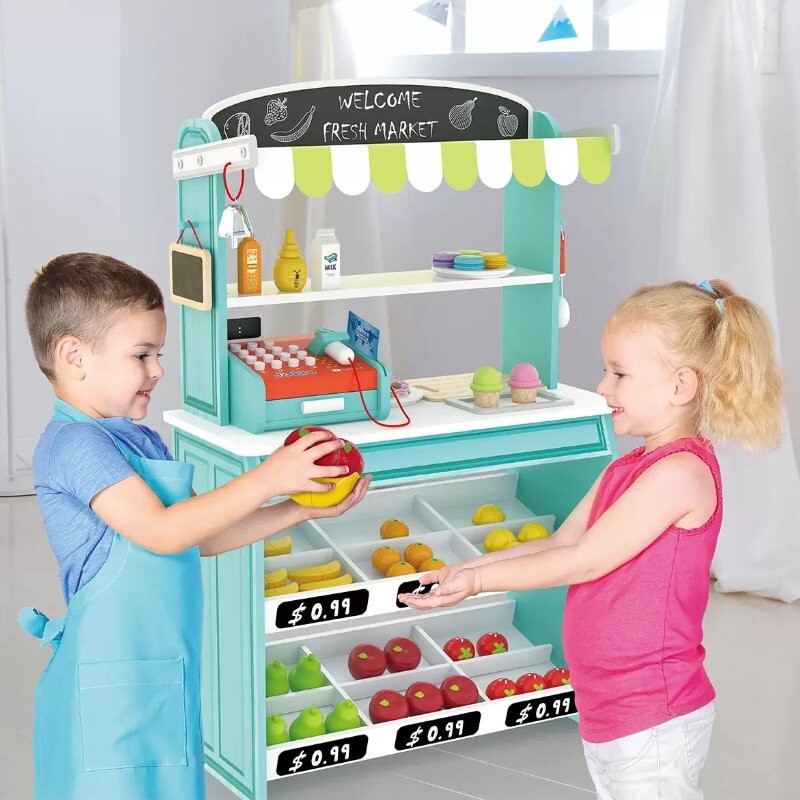 J'adore 69 Pieces Wooden Grocery Market Fresh Market Fruit Stand w/ Accessories