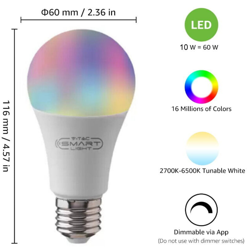 V-TAC Bluetooth Smart RGB LED Light Bulb A60 E27 or B22 - App or Voice Control