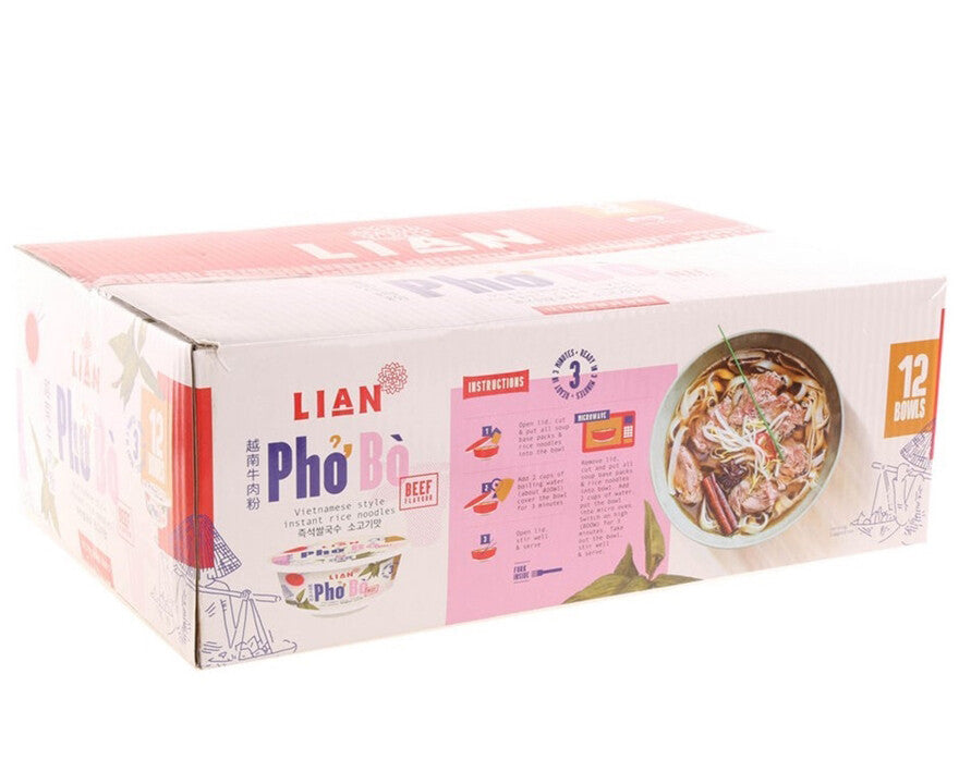 12 70g Bowls Lian Pho Bo Beef Flavour Vietnamese Style Instant Rice Noodle Meals