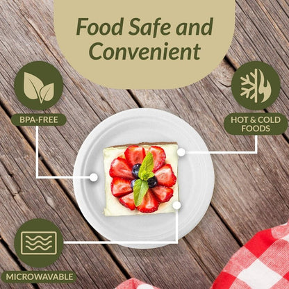 iECO 150-Pack 7" (18cm) Round White Bagasse Disposable Paper Plates Compostable