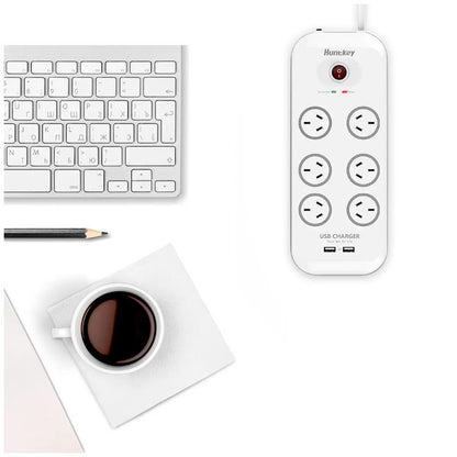 Huntkey AU 6 Way Outlets Powerboard w/ 2 USB Port & Surge Protection Heavy Duty