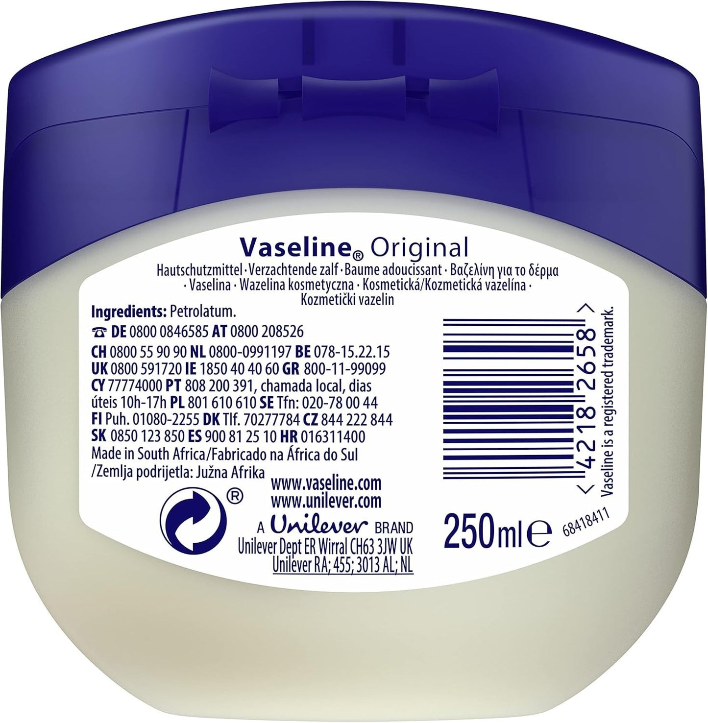 6 x Vaseline 250ml Pure Petroleum Jelly Jar Hand Face Body Dry Skin Moisturiser