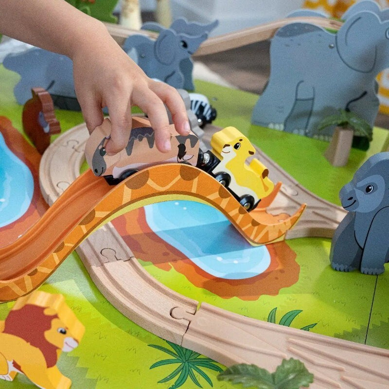 Kidkraft 52 Pcs Wooden Adventure Tracks Safari Run Play Table with Storage Net