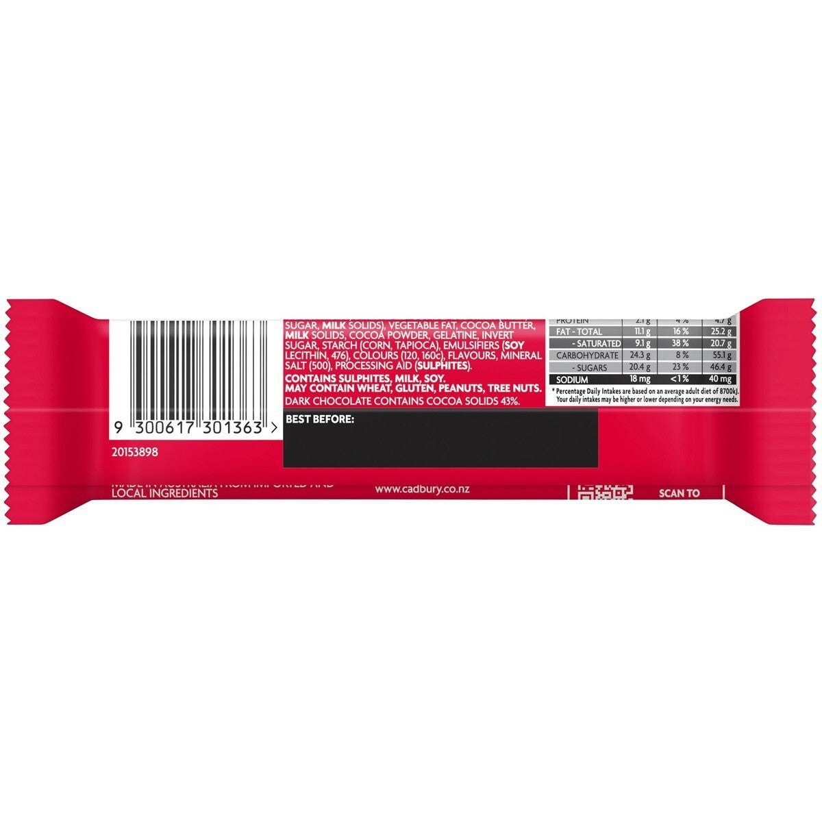 Cherry Ripe Chocolate Candy Bar 48 x 44g Milk Chocolate Cherry and Coconut Sweet