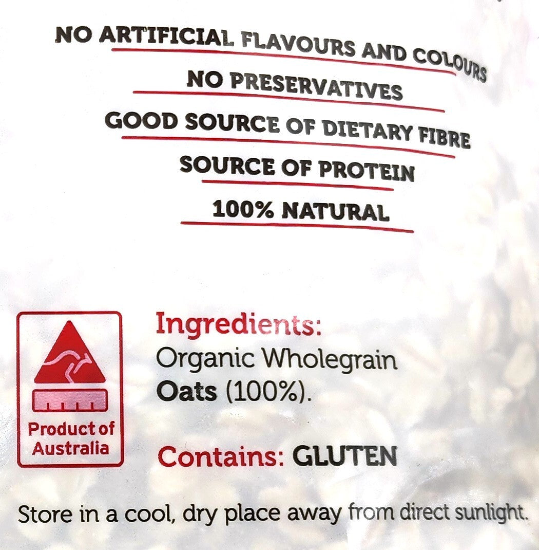 Australian Organic Breakfast Rolled Oats Source of Protein Fibre GMO Free 1kg