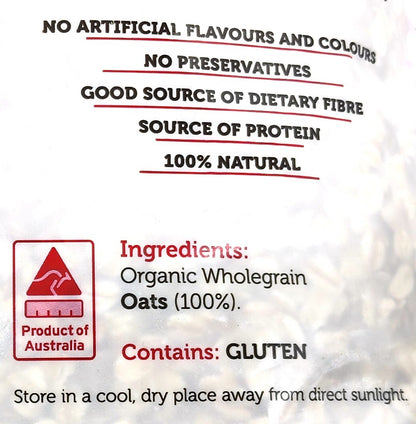 Australian Organic Breakfast Rolled Oats Source of Protein Fibre GMO Free 1kg