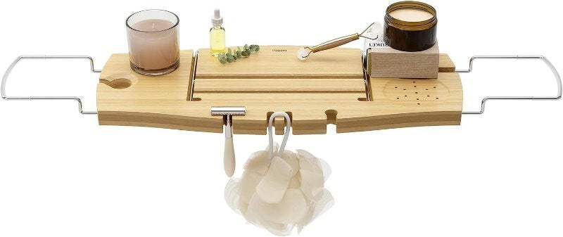 Umbra Aquala Bamboo Extendable Bath Tub Caddy Wine Glass Ipad Book Holder