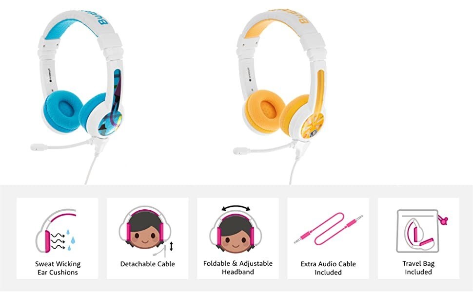 BuddyPhones 2-Pack School+ Home Learning Kids Headphones w/ Mic, BuddyCable