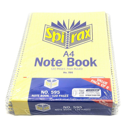 8 x Spirax 595 Notebook 7mm Ruled Lines Spiral Bound 120 Page A4 Pack Study App