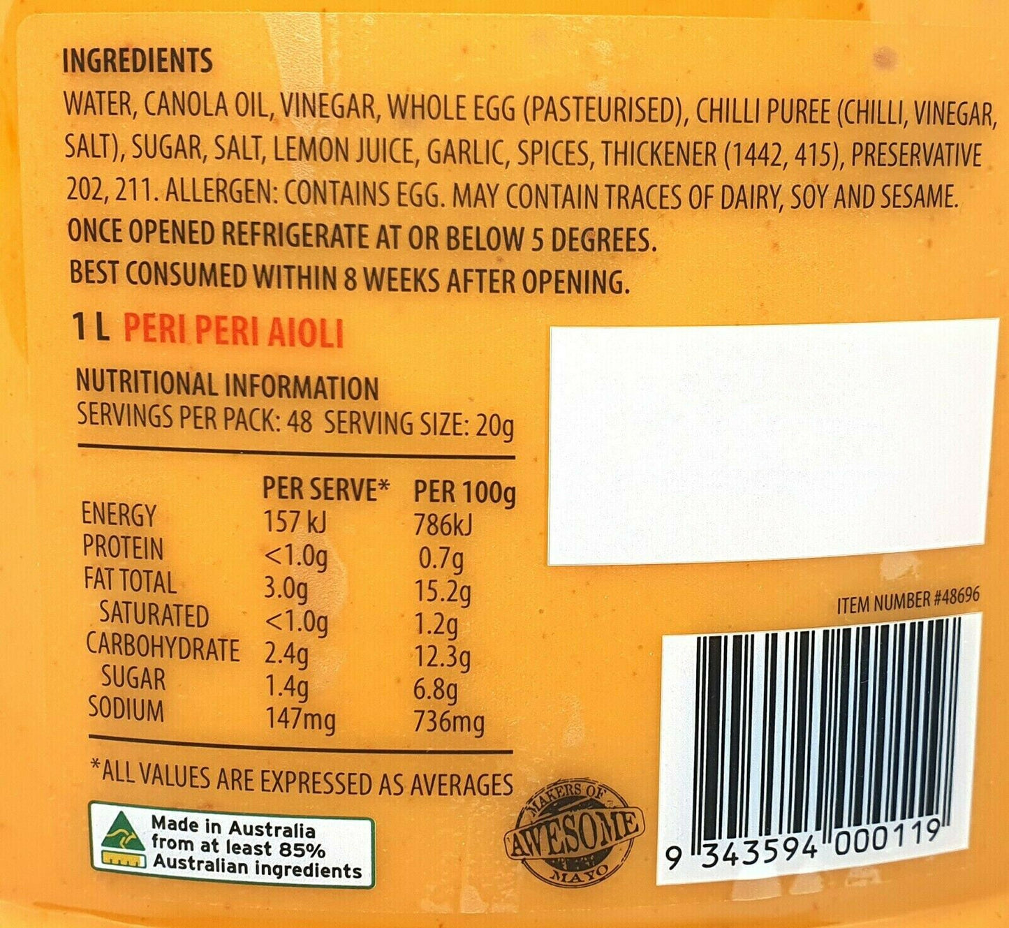 8Food Peri Peri Aioli Dressing Spicy Chili Mayo Dipping Sauce Australian Made 1L