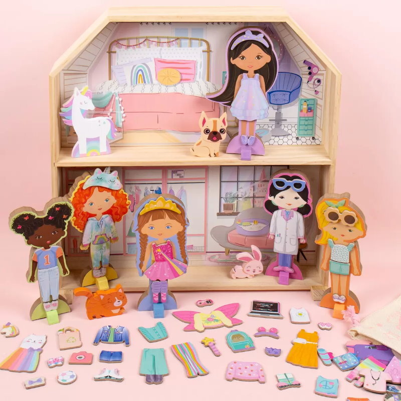 Story Magic Wooden Dress-Up Dolls Assortment -Dollhouse, 10 Figurines, 80 Magnet