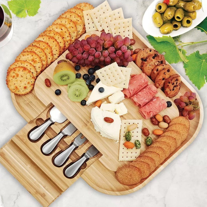 Carrara Bamboo Cheese Board 43 x 33 cm w/ 4 Stainless Steel Knife Serving Tools