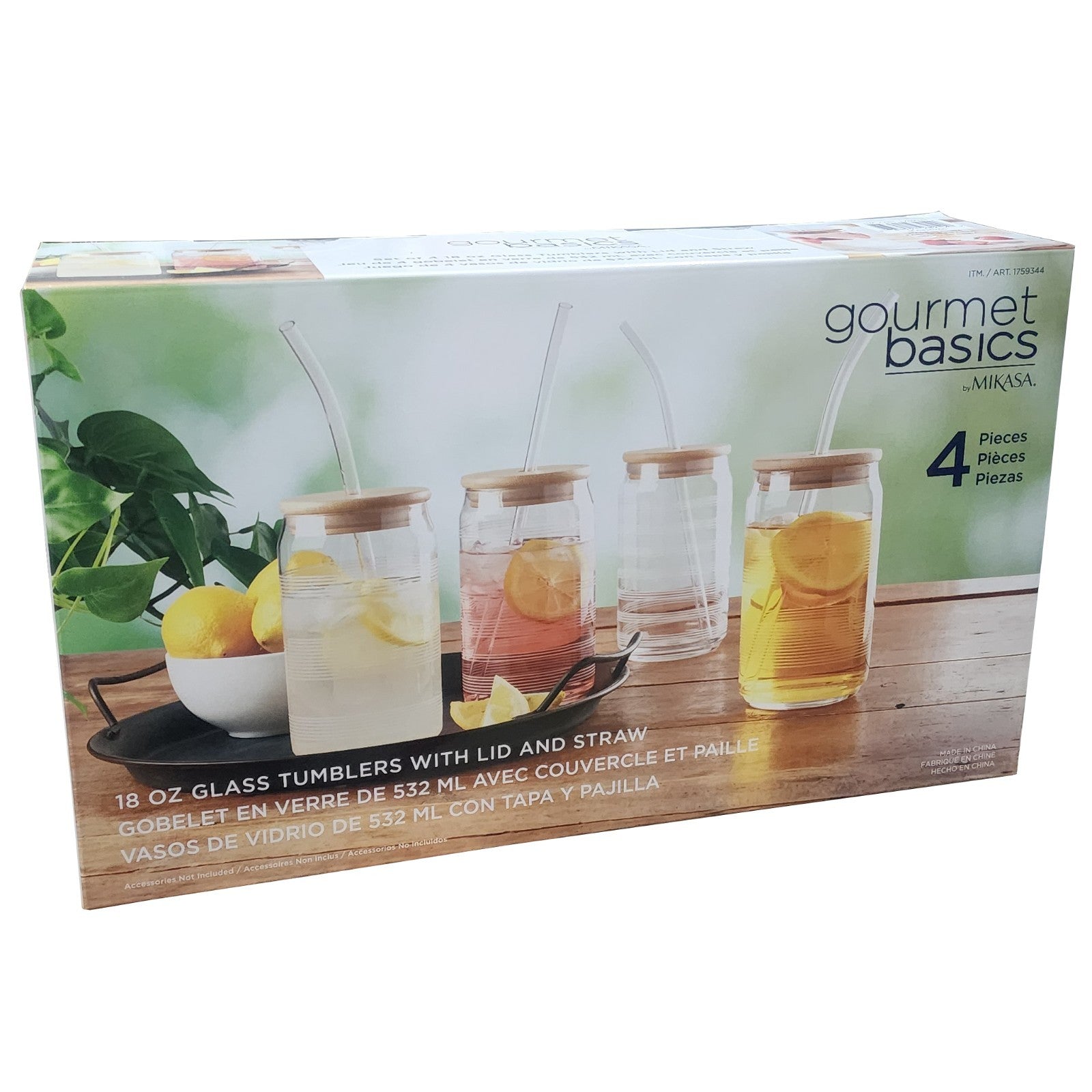 Mikasa 4 x Cold Drink Glass Tumblers 532mL with Bamboo Lid & Tritan Straw Set