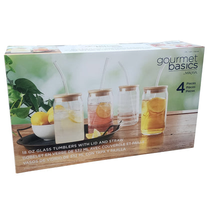 Mikasa 4 x Cold Drink Glass Tumblers 532mL with Bamboo Lid & Tritan Straw Set