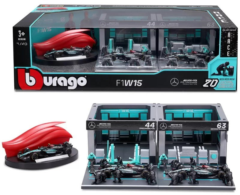 Burago 1:43 Formula One Racing Deluxe Paddock Ferrari, McLaren, Mercedes, RedBul