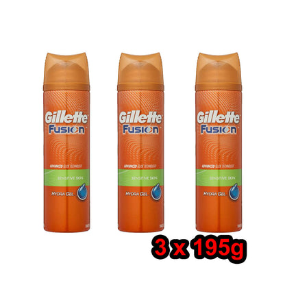 3 x 195g Gillette Fusion Mens Sensitive Shaving Shave Gel Skin Care Aloe Vitamin