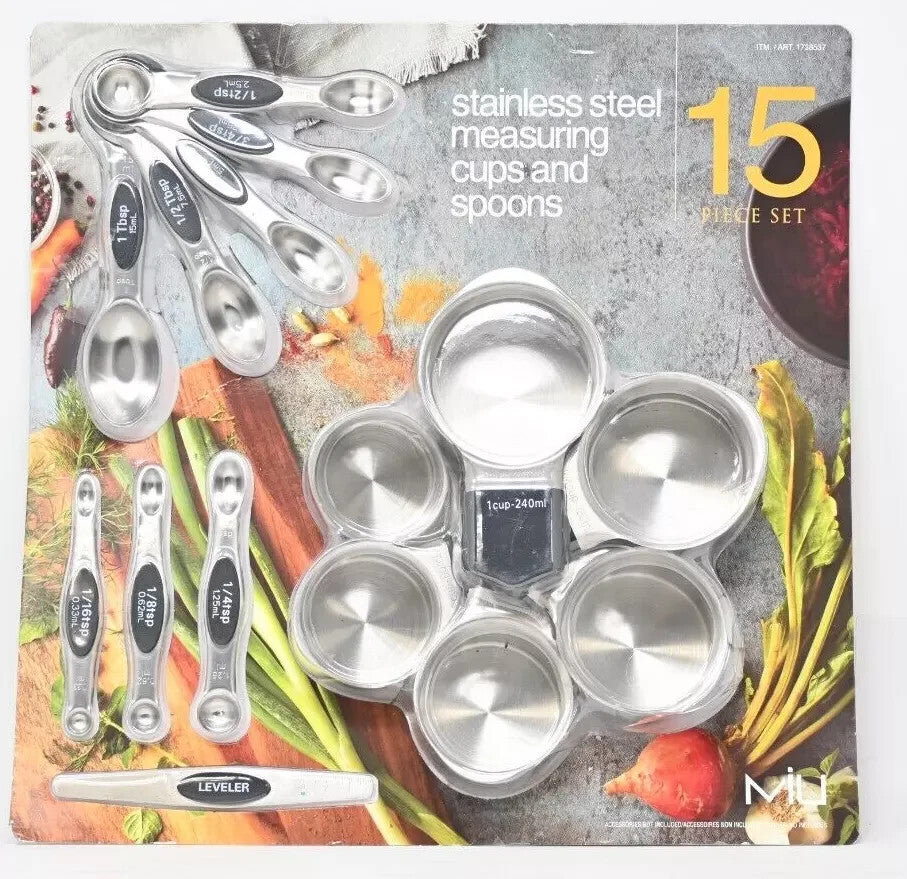 Stainless Steel Magnetic Measuring 6 x Cups & 8 x Spoons with Leveler 15 pcs Set