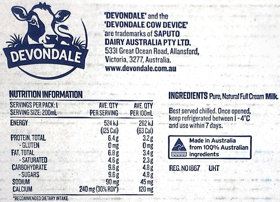 24 x 200ml Devondale 100% Pure Full Cream Kids Long Life Milk No Preservatives