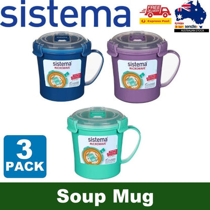 Sistema 3-Pack 656ml Microwave Medium Soup Mug Food Container BPA-Free