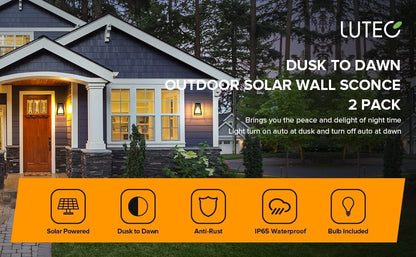 LUTEC 2-Pack Solar LED Coach Porch Light Aluminium Dusk to Dawn Wall Lights
