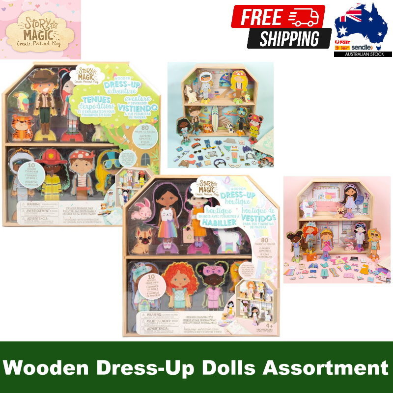 Story Magic Wooden Dress-Up Dolls Assortment -Dollhouse, 10 Figurines, 80 Magnet